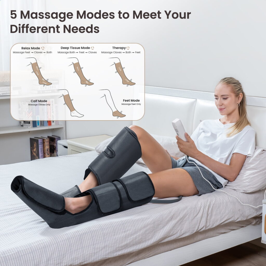 PureHeal Leg Massager for Circulation, Air Compression Foot and Leg Massage with 5 Modes and 5 Intensities, Black